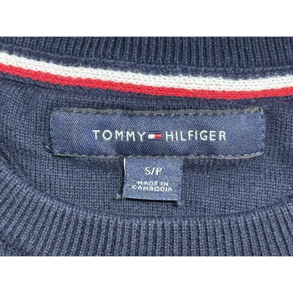 Tommy Hilfiger Sweater Mens Small‎ Navy Blue Crewneck TH Stripe Cotton Pullover
